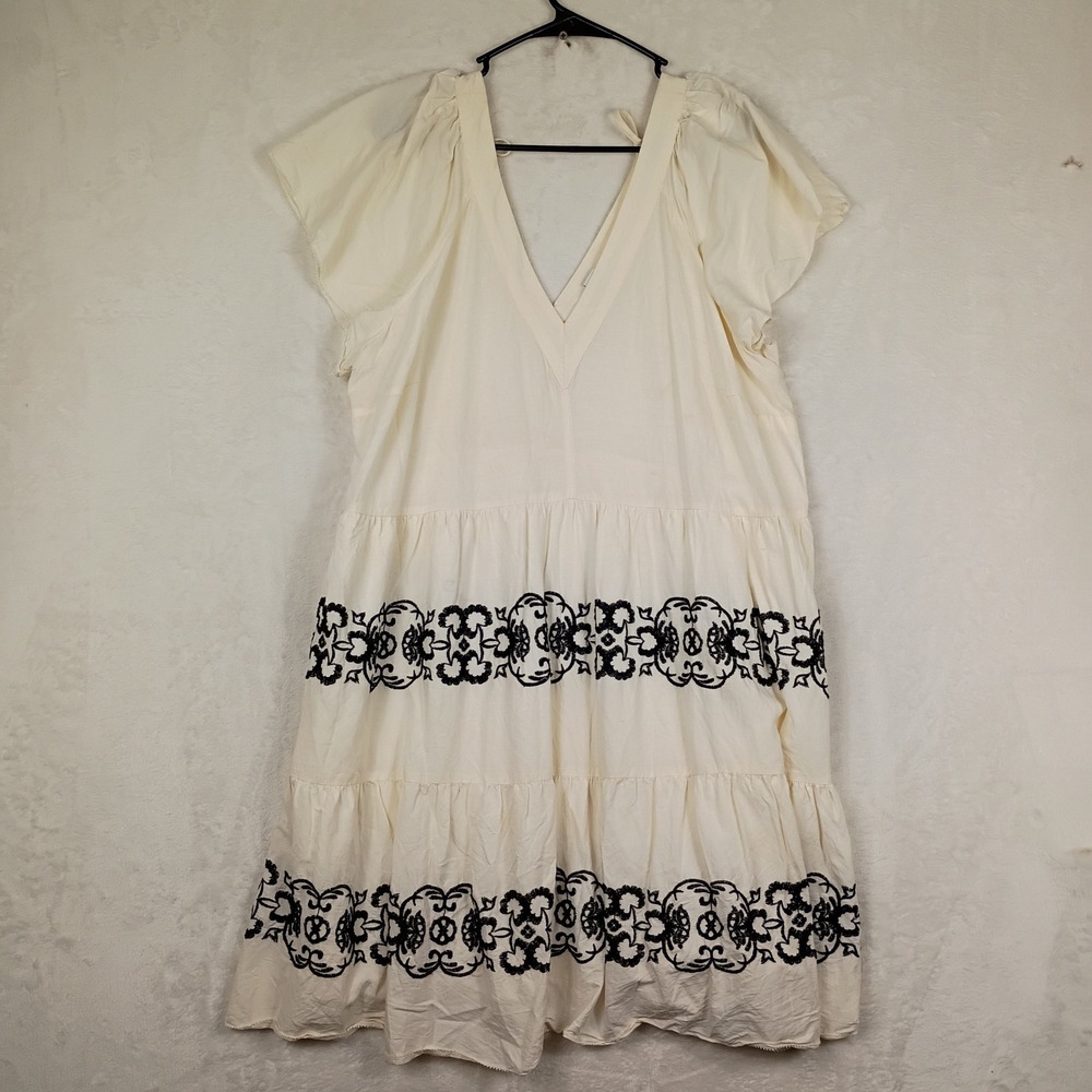 Old Navy Mini Dress Womens XL Ivory Embroidered Tiered V-Neck Boho Cottage Core